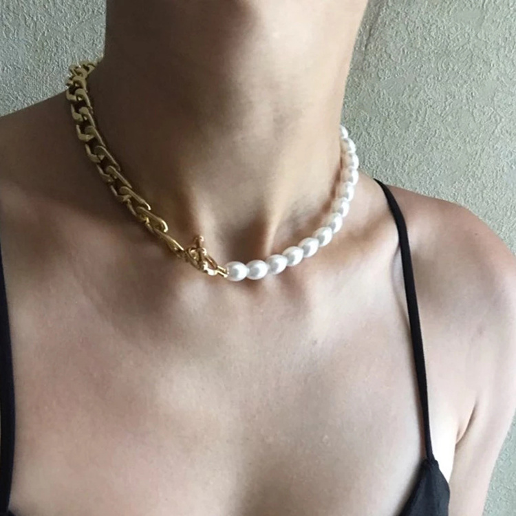 Popular Korean Long Gold Plated Layered Chain Pearl Necklace for Women