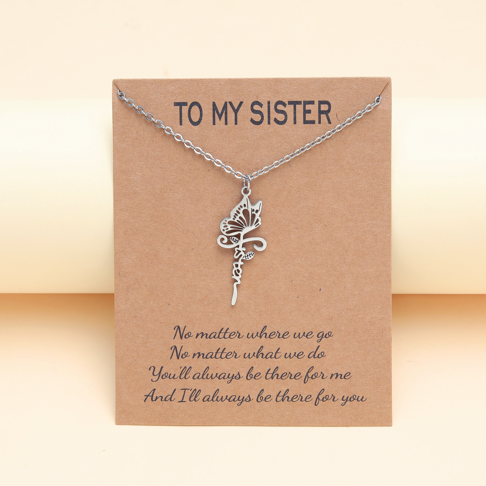 SC Personality Sister Card Pendant Necklaces Colourfast Stainless Steel Lovely Butterfly Pendant Necklaces Sister Gifts