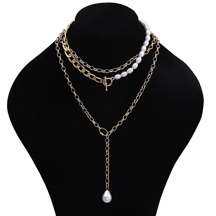 Popular Korean Long Gold Plated Layered Chain Pearl Necklace for Women