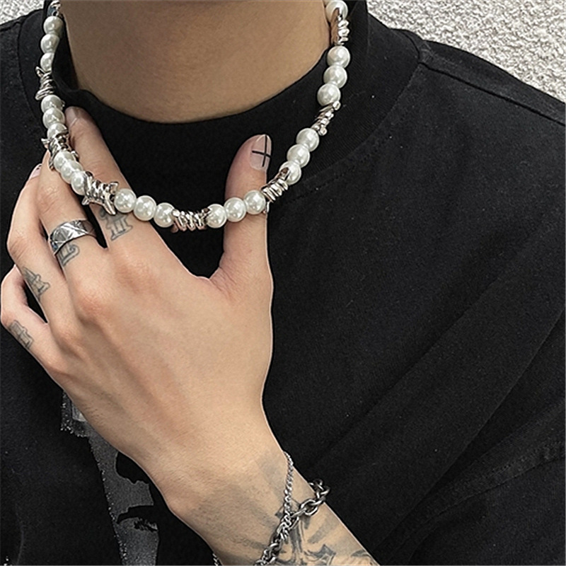 SC Fashion Stitching Thorns Chain Pearl Beaded Necklace Stainless Steel Necklace 2024 Trend Street Hip-hop Men Pearl Necklace