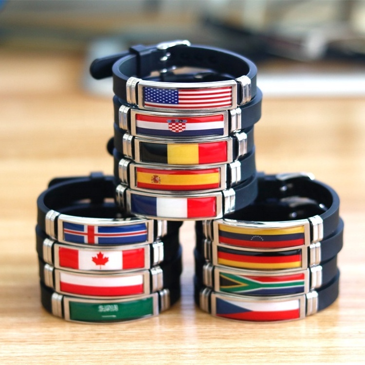 SC Hot Patriotism Stainless Steel Bracelet Simple Adjustable Bracelet National Flag Black Silicone Bracelet for Women Men