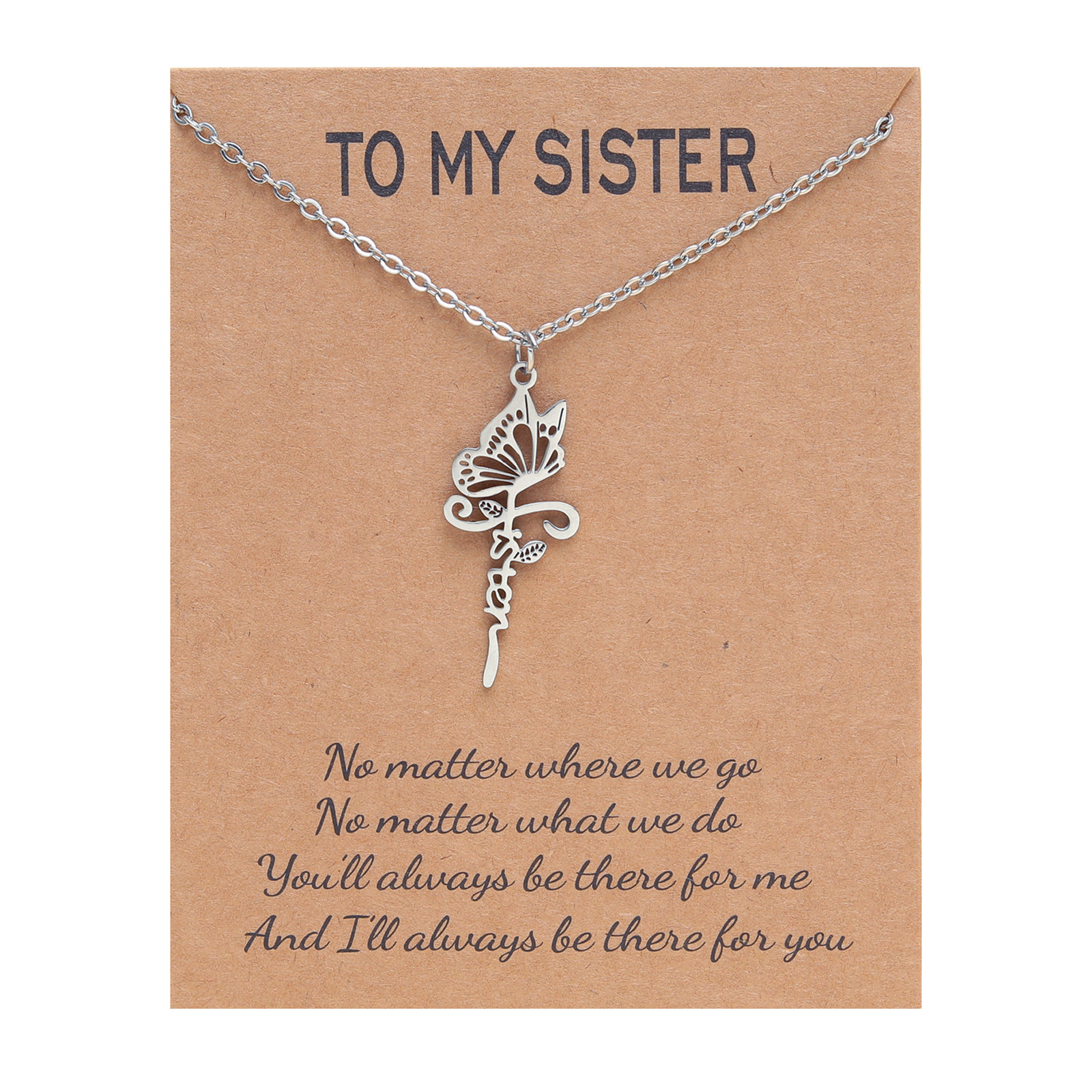 SC Personality Sister Card Pendant Necklaces Colourfast Stainless Steel Lovely Butterfly Pendant Necklaces Sister Gifts