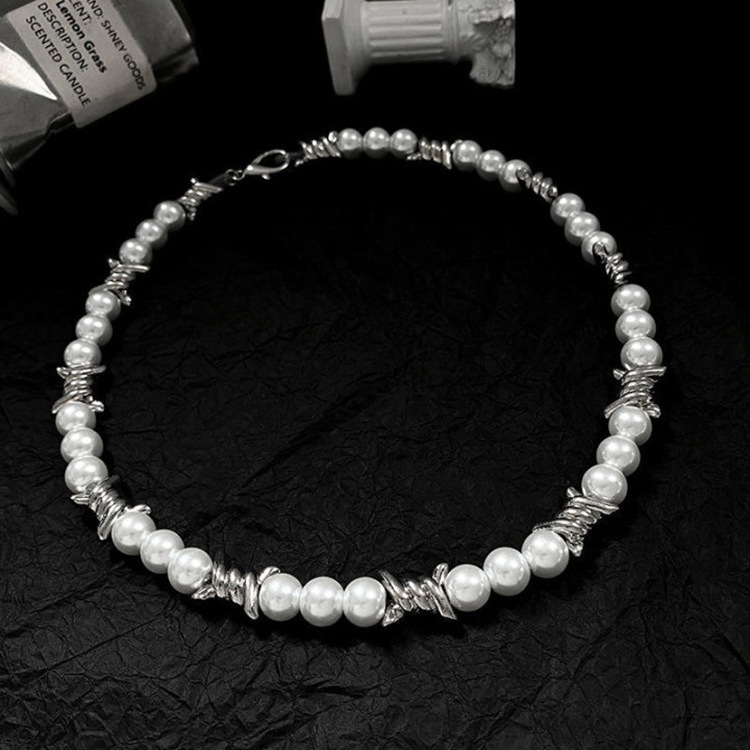 SC Fashion Stitching Thorns Chain Pearl Beaded Necklace Stainless Steel Necklace 2024 Trend Street Hip-hop Men Pearl Necklace