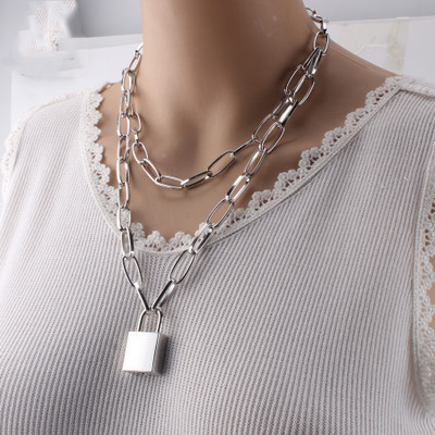 Punk Double Layer Lock Chain Necklace Padlock Pendant Necklace for Women