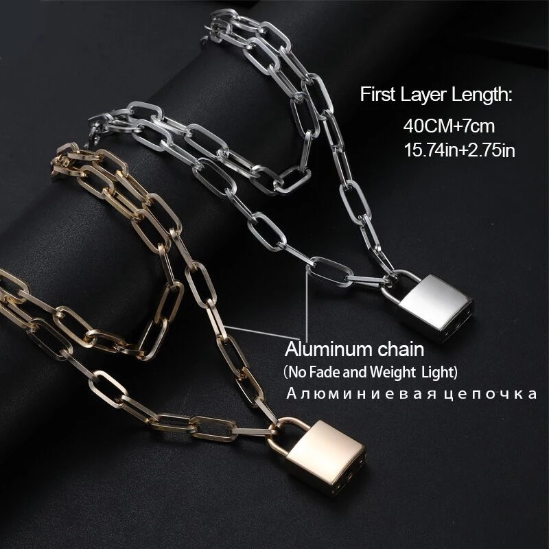 Punk Double Layer Lock Chain Necklace Padlock Pendant Necklace for Women