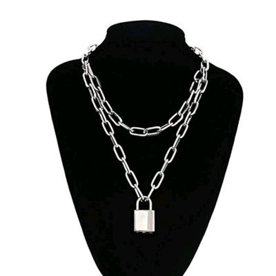 Punk Double Layer Lock Chain Necklace Padlock Pendant Necklace for Women