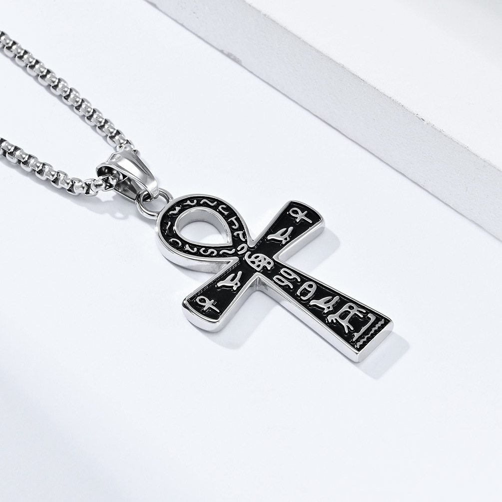 2024 High Quality Stainless Steel Necklace Large Ankh Cross Pendant Ancient Egyptian Hieroglyphic Symbol Chain Necklaces for Men