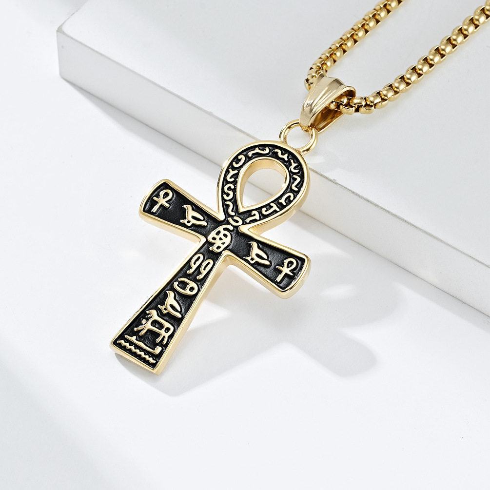 2024 High Quality Stainless Steel Necklace Large Ankh Cross Pendant Ancient Egyptian Hieroglyphic Symbol Chain Necklaces for Men