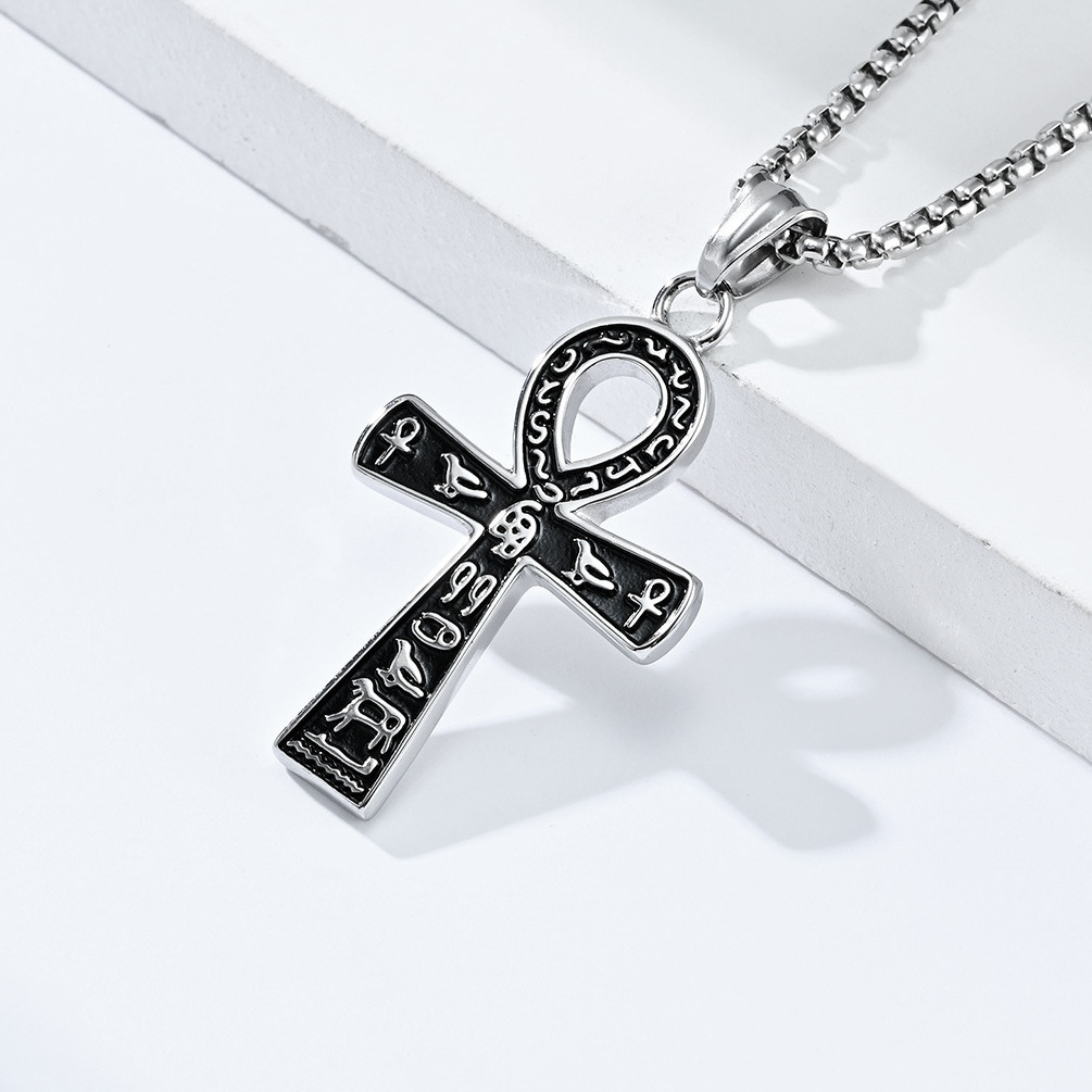 2024 High Quality Stainless Steel Necklace Large Ankh Cross Pendant Ancient Egyptian Hieroglyphic Symbol Chain Necklaces for Men