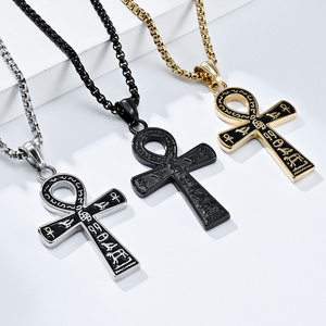 2024 High Quality Stainless Steel Necklace Large Ankh Cross Pendant Ancient Egyptian Hieroglyphic Symbol Chain Necklaces for Men