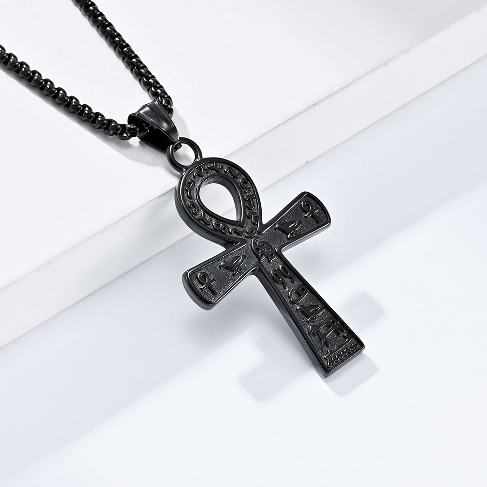 2024 High Quality Stainless Steel Necklace Large Ankh Cross Pendant Ancient Egyptian Hieroglyphic Symbol Chain Necklaces for Men