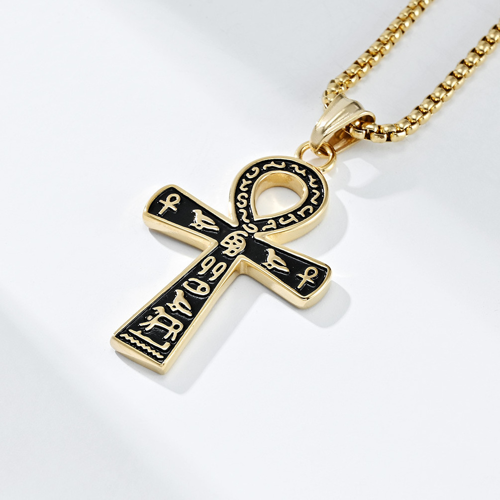 2024 High Quality Stainless Steel Necklace Large Ankh Cross Pendant Ancient Egyptian Hieroglyphic Symbol Chain Necklaces for Men