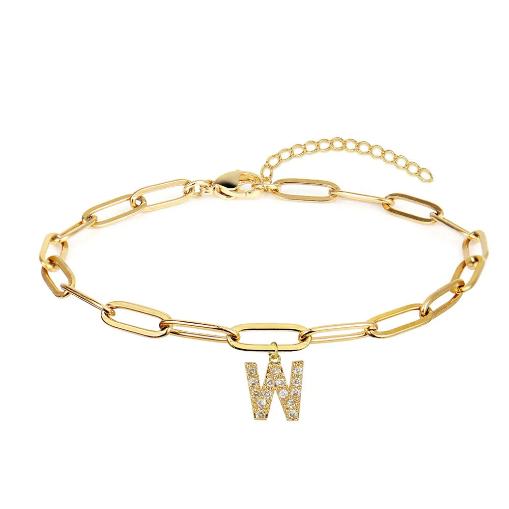 2024 Fashion Gold Paper Clip Chain Diamond Initial Letter Bracelet alloy Word Bracelets for Women Girls