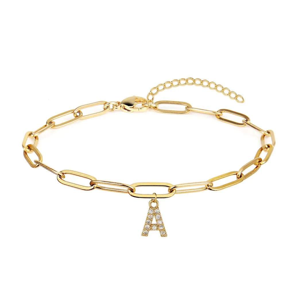 2024 Fashion Gold Paper Clip Chain Diamond Initial Letter Bracelet alloy Word Bracelets for Women Girls