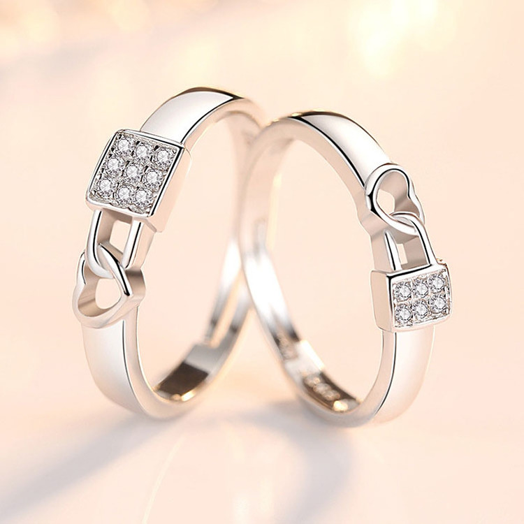 SC Silver Plated Lock Heart Finger Rings Square Tiny Crystal Diamond Ring Romantic Heart Couple Lover Rings