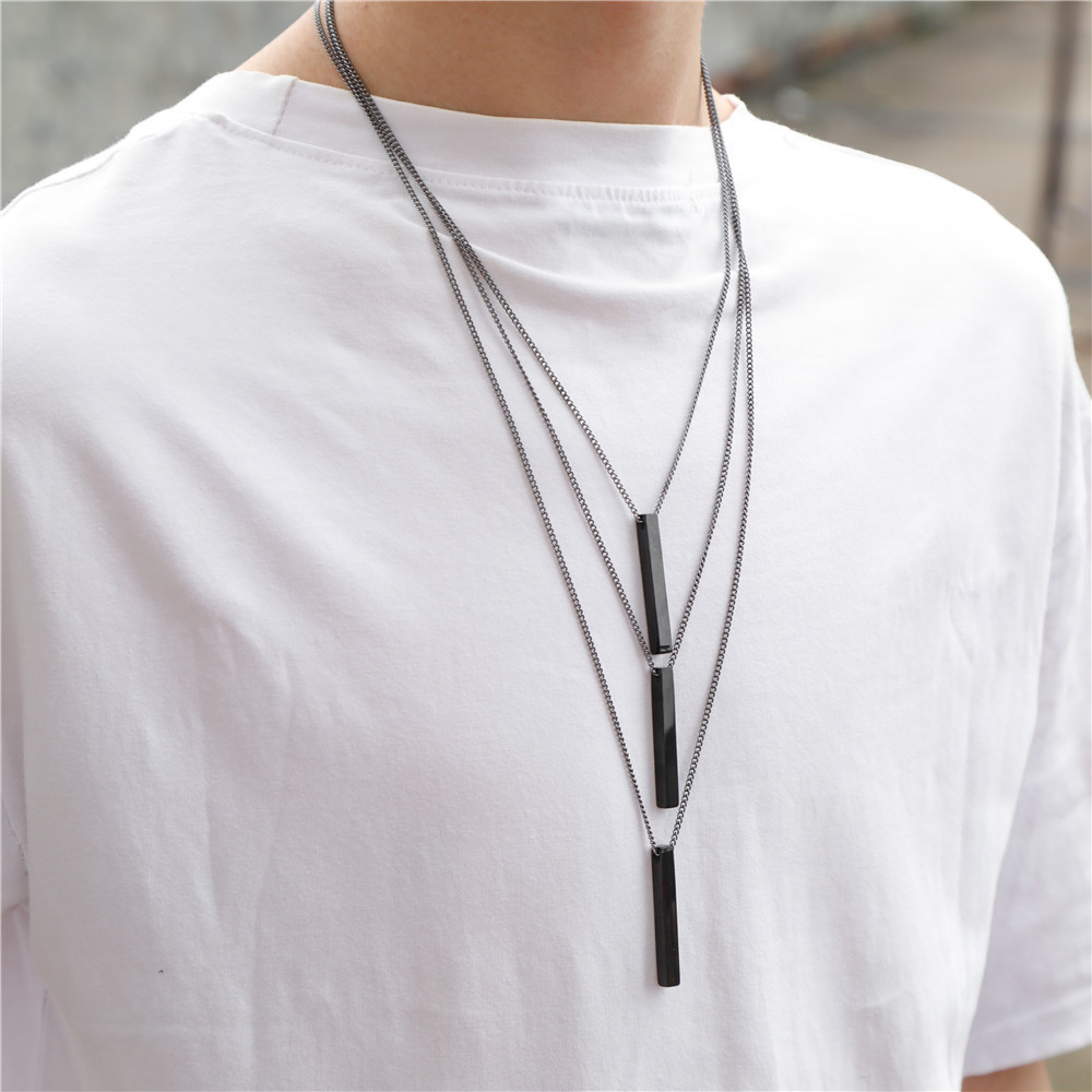 Hot Selling Men Stainless Steel Necklaces Jewelry Minimalist 40mm Gold Silver Black Blank Rectangle Bar Pendant Necklace for Men