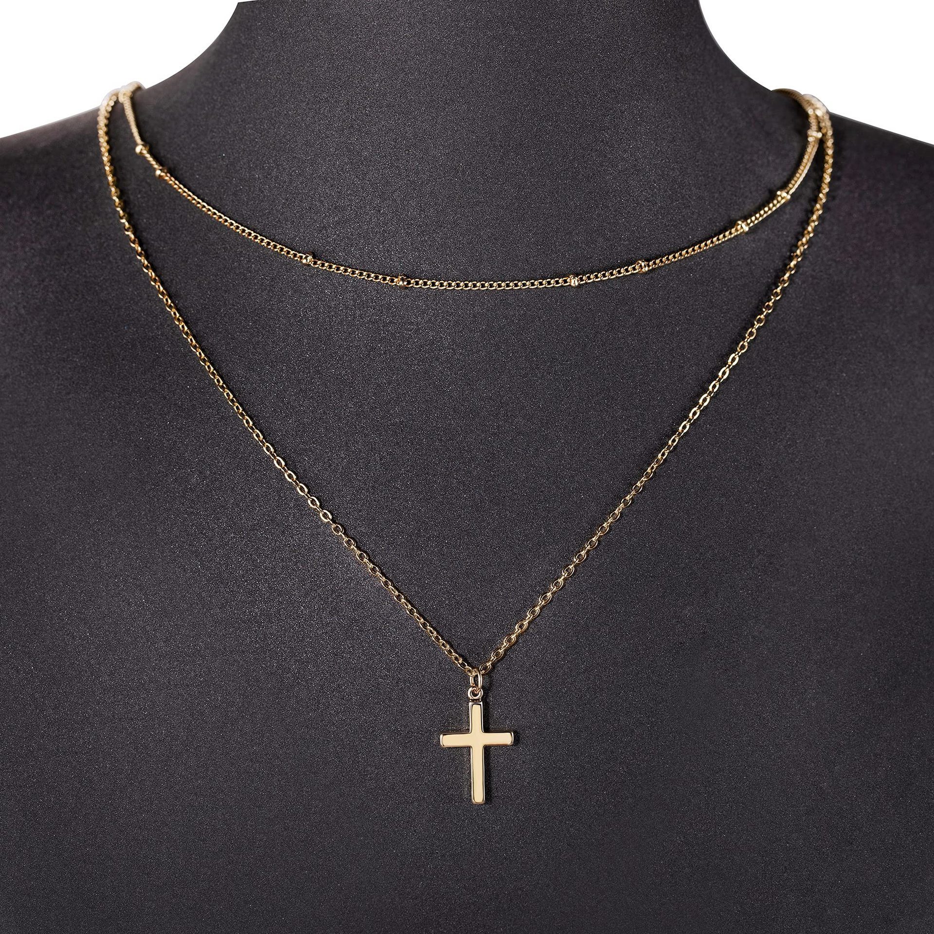 European Fashion Layered Satellite Beads Chain Necklace Women Unique Double Layer Stainless Steel Tiny Cross Pendant Necklace