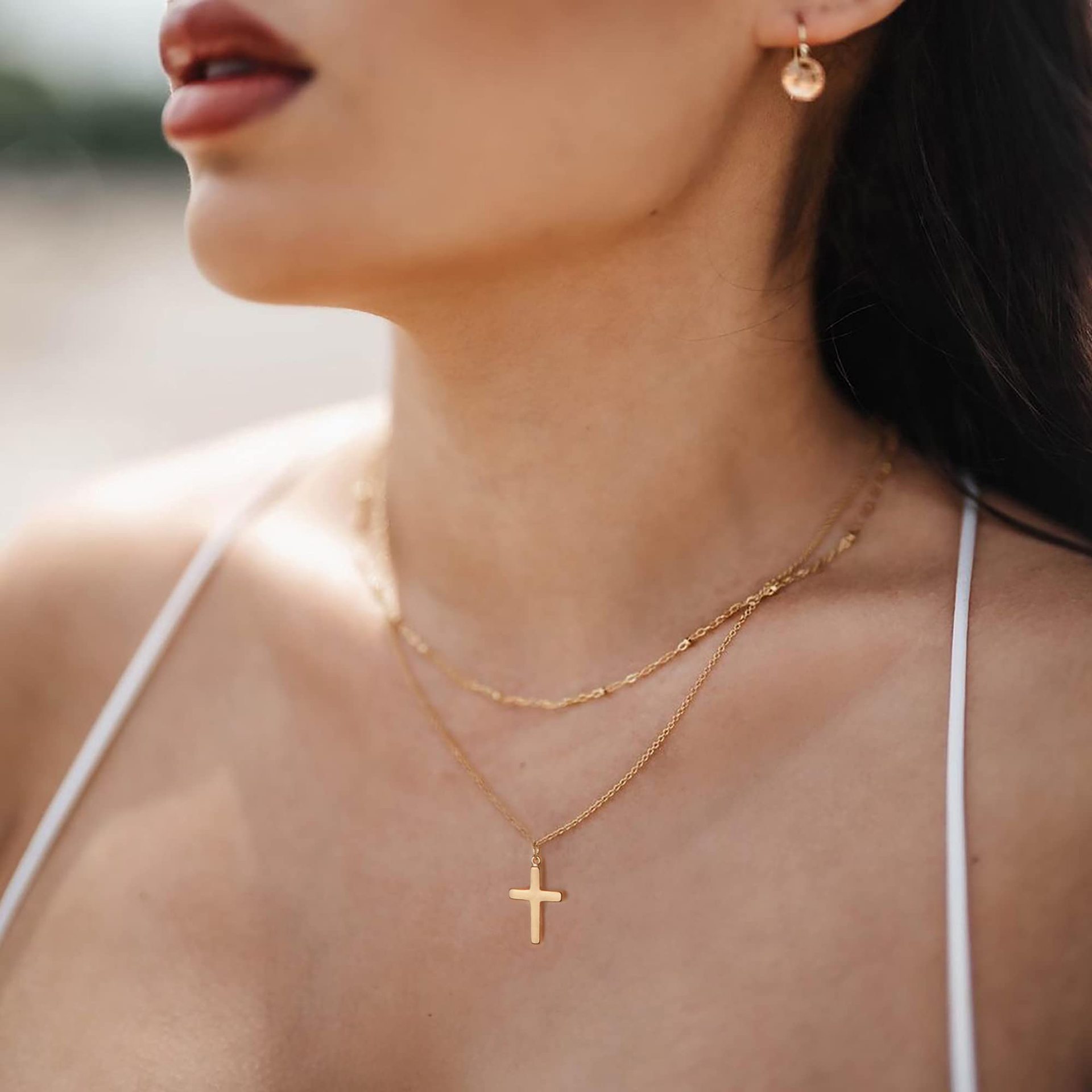 European Fashion Layered Satellite Beads Chain Necklace Women Unique Double Layer Stainless Steel Tiny Cross Pendant Necklace