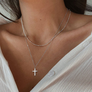 European Fashion Layered Satellite Beads Chain Necklace Women Unique Double Layer Stainless Steel Tiny Cross Pendant Necklace