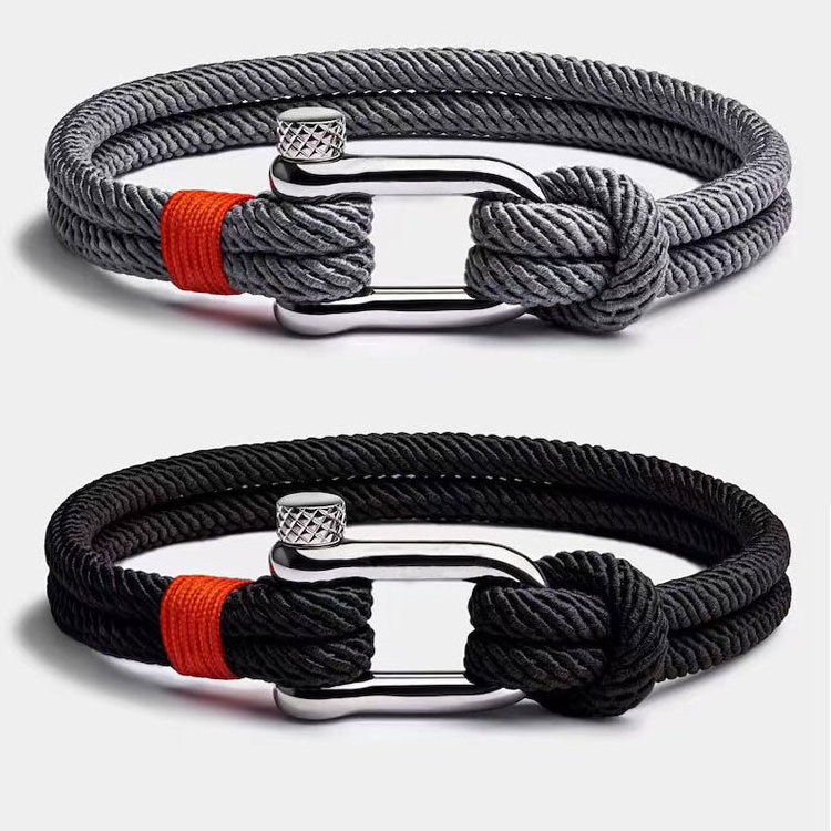 Durable Double Layer Milan Rope Outdoor Survival Sports Bracelet Classic Business Men Stainless Steel U Shape Shackle Bracelets