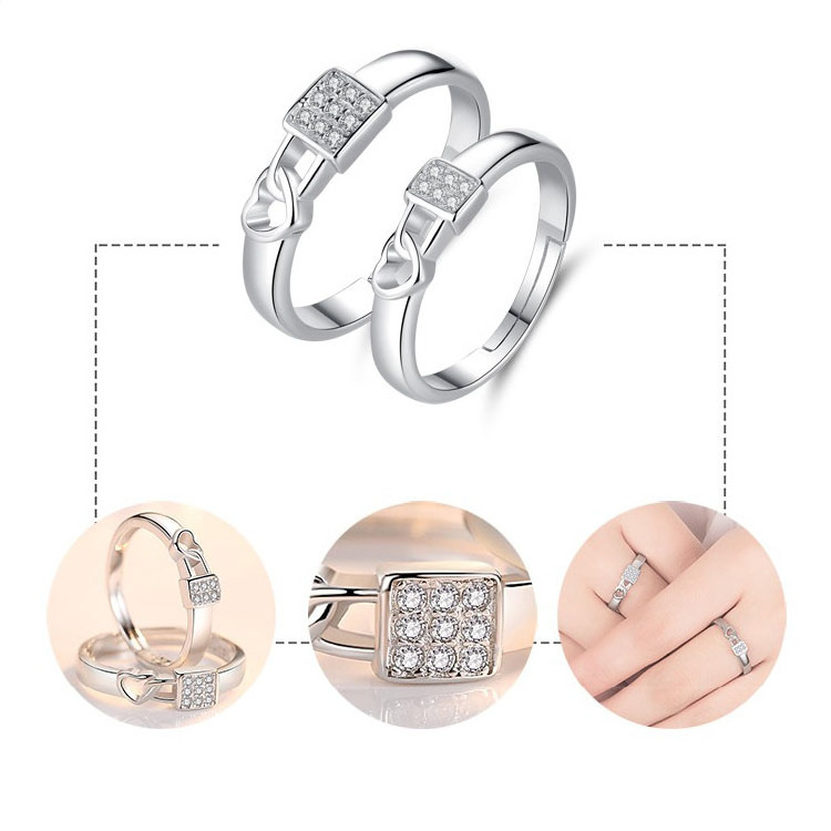 SC Silver Plated Lock Heart Finger Rings Square Tiny Crystal Diamond Ring Romantic Heart Couple Lover Rings