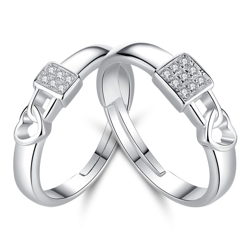 SC Silver Plated Lock Heart Finger Rings Square Tiny Crystal Diamond Ring Romantic Heart Couple Lover Rings