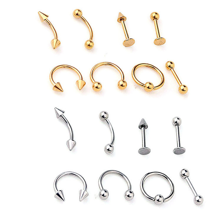 Hot Selling 8pcs Ears Body Piercing Needles Kit Jewelry Women 16G Medical Stainless Steel Tongue Lip Eyebrow Nail Nose Ring Set