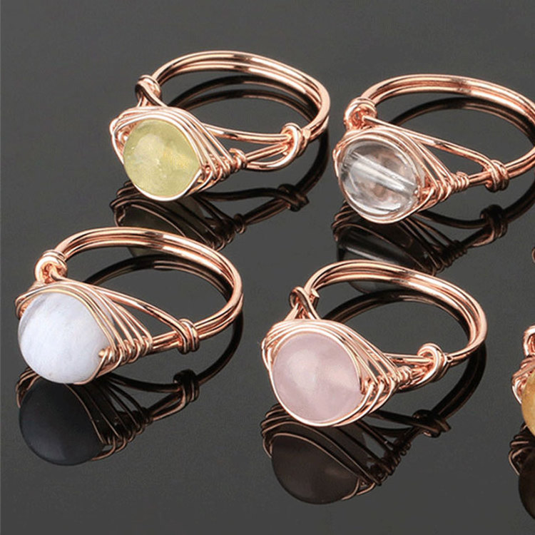 Rose Gold Plated Gemstone Rings Women Natural Healing Stone Rose Quartz Amethyst Opal Ring Wire Wrapped Carnelian Crystal Ring