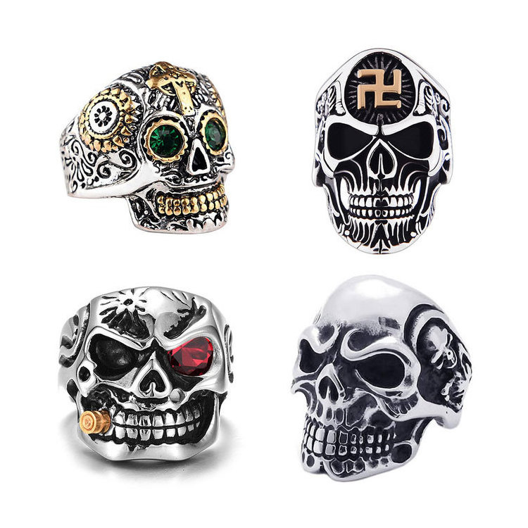 SC Wholesale Mens Skull Rings Gothic Czech Diamond Knuckle Skeleton Rings Vintage Silver Carved Cross Chunky Skull Rings for Men