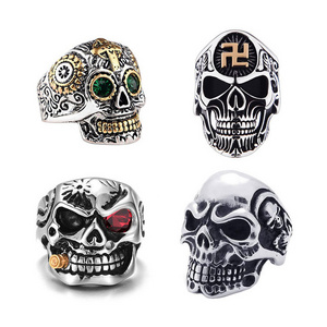 SC Wholesale Mens Skull Rings Gothic Czech Diamond Knuckle Skeleton Rings Vintage Silver Carved Cross Chunky Skull Rings for Men