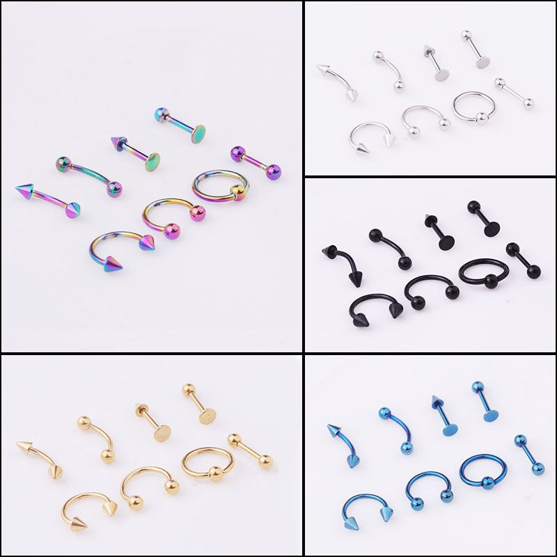 Hot Selling 8pcs Ears Body Piercing Needles Kit Jewelry Women 16G Medical Stainless Steel Tongue Lip Eyebrow Nail Nose Ring Set