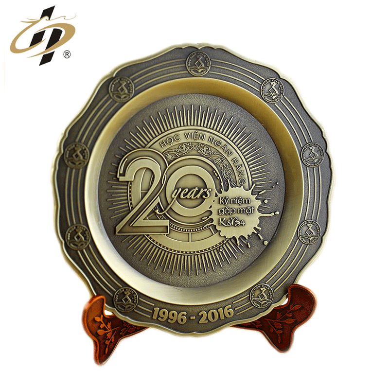 New products custom zinc alloy antique bronze metal anniversary commemorate plate/plaque with stand