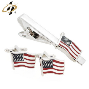 Customize brass material enamel USA flag cufflinks and tie clip set