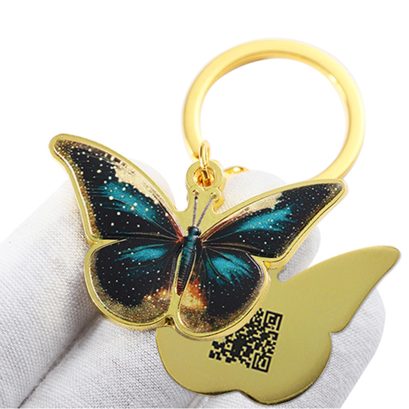 Custom Key Chain Logo Gold 3D Metal Key Chains Keychain Opener Color Spray Butterfly Metal Key Ring with Qr Code on the Back