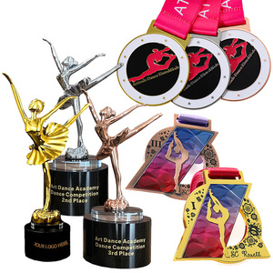 Promotional Zinc Alloy Metal 3D Custom Dance Medal Trophy Award Engraved Your Logo Gold Silver Bronze Trophies Cup