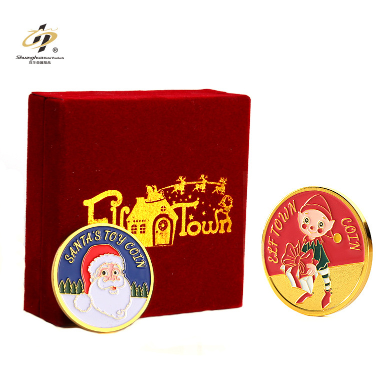 Christmas Gift Souvenir Custom Enamel Coin Zinc Alloy Challenge Coin Santa Christmas Coin with Gift Box