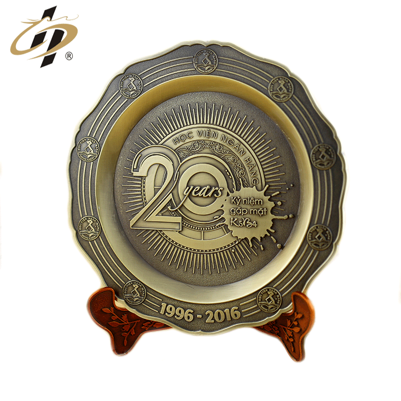 New products custom zinc alloy antique bronze metal anniversary commemorate plate/plaque with stand