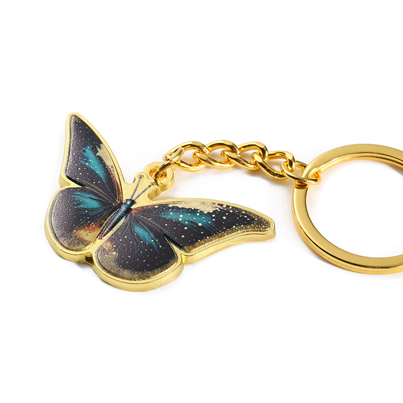 Custom Key Chain Logo Gold 3D Metal Key Chains Keychain Opener Color Spray Butterfly Metal Key Ring with Qr Code on the Back