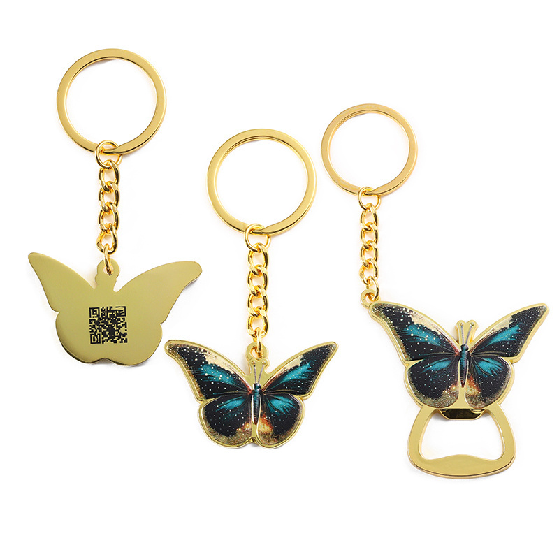 Custom Key Chain Logo Gold 3D Metal Key Chains Keychain Opener Color Spray Butterfly Metal Key Ring with Qr Code on the Back