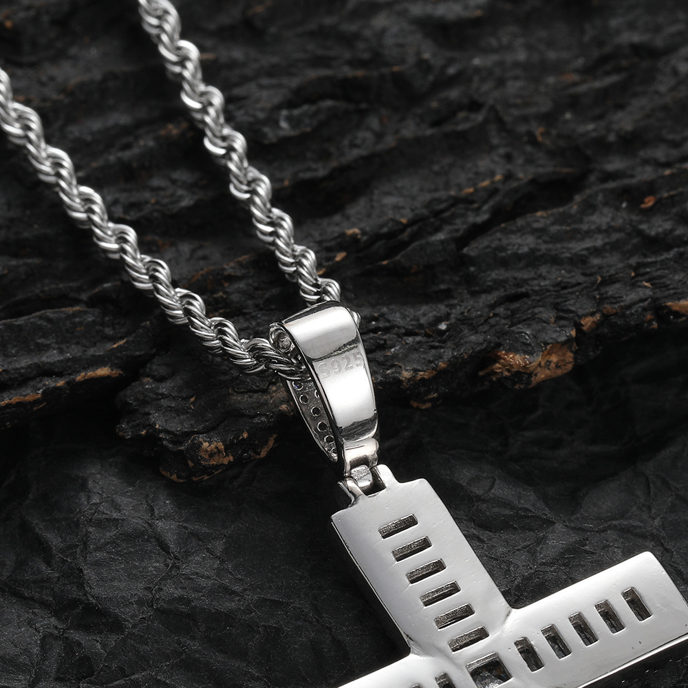 SP007 925 Sterling Silver Cross Pendant With Stainless Steel Rope Chain For Men And Women