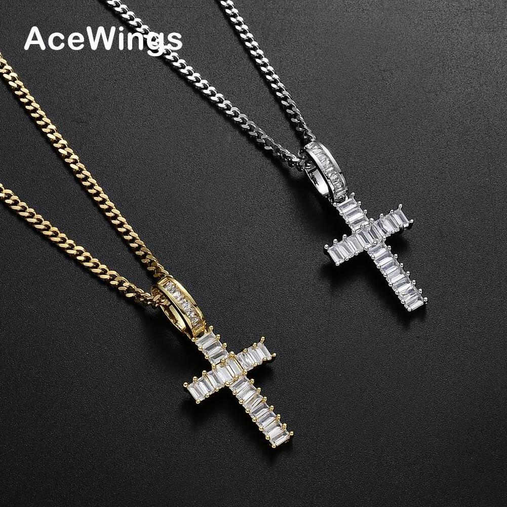 CN146  Iced Brass CZ Cross Pendants&Necklace Stainless Steel Cuban Chain Hip Hop Necklace