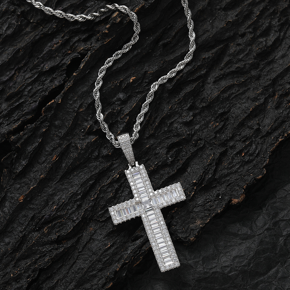 SP007 925 Sterling Silver Cross Pendant With Stainless Steel Rope Chain For Men And Women