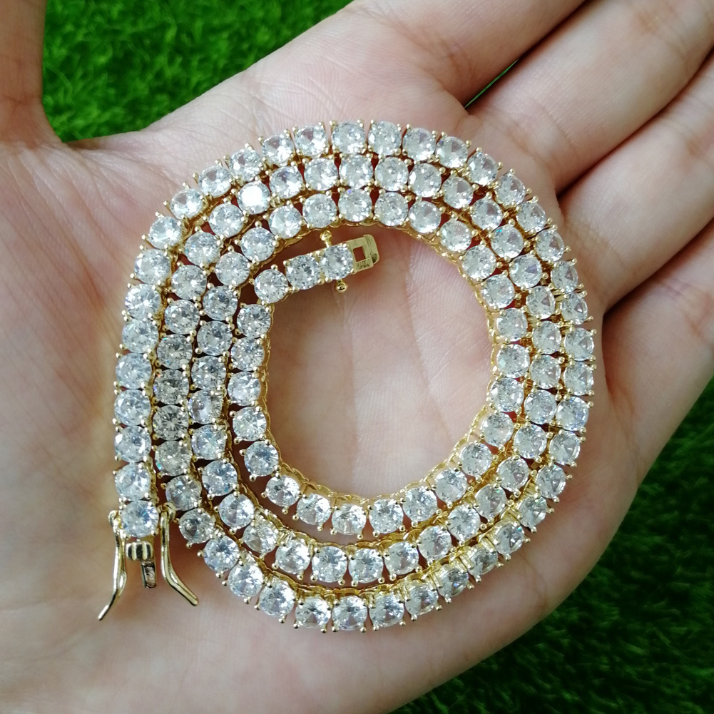 BC019 4mm Brass Zircon Tennis Chain 1 Row Necklace Hip hop Bling Jewelry Gold Silver CZ Tennis Chain Necklace Iced Out