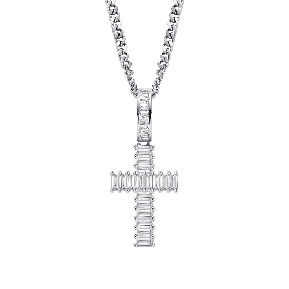 CN146  Iced Brass CZ Cross Pendants&Necklace Stainless Steel Cuban Chain Hip Hop Necklace