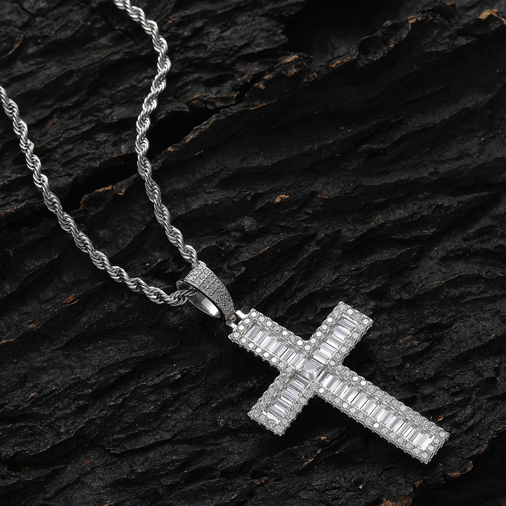 SP007 925 Sterling Silver Cross Pendant With Stainless Steel Rope Chain For Men And Women