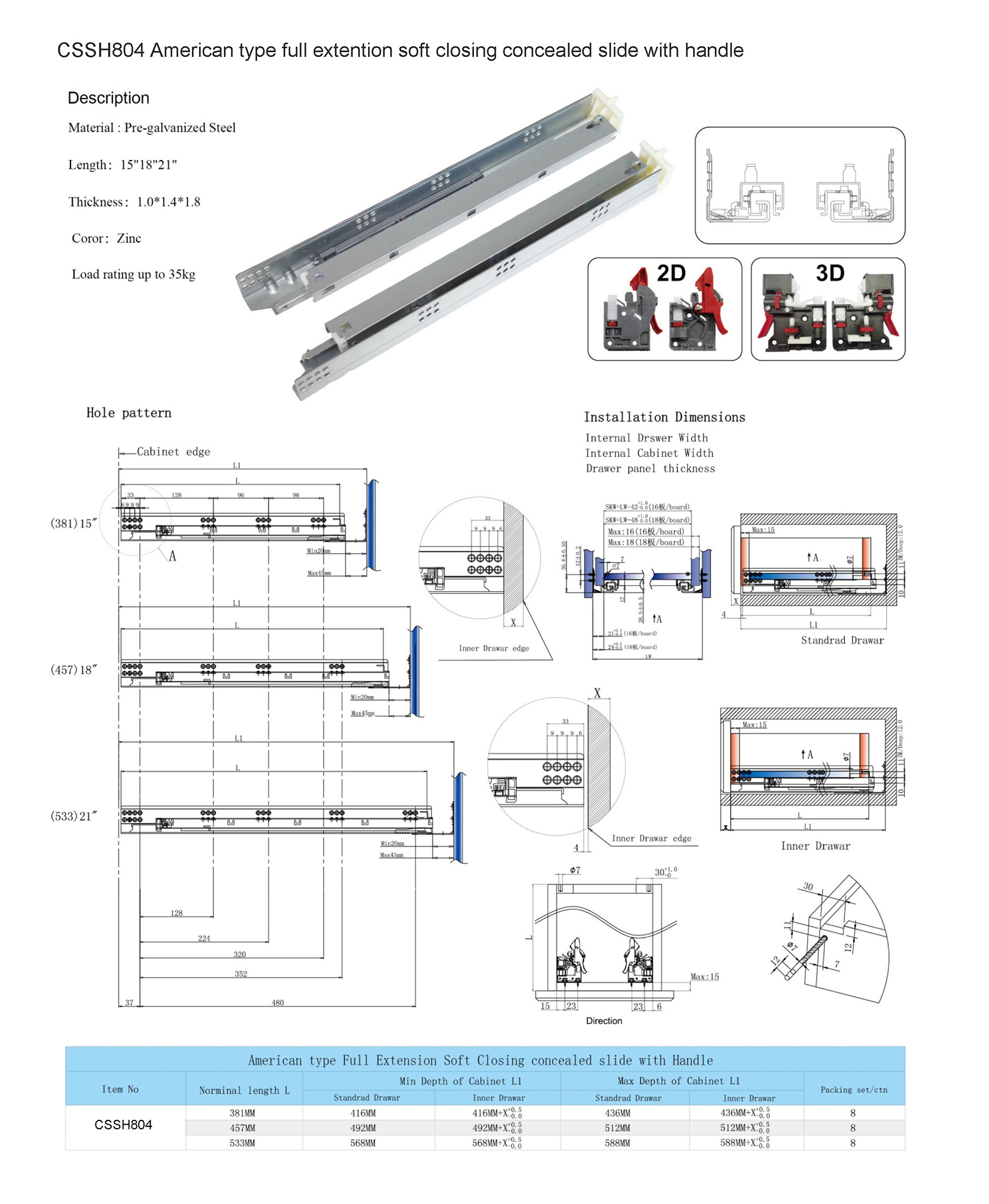 CSSH804 American style soft closing drawer slide