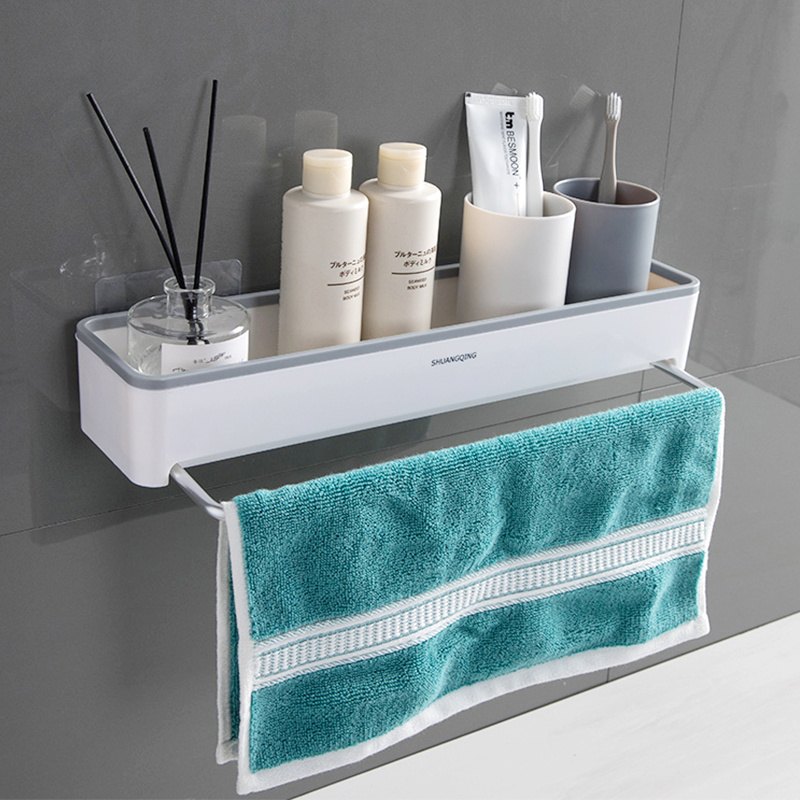 Shower Organizer Bathroom Storage Shelves Wall Mounted Shower Shelf with Adhesive Rack with Towel Bar for Toilet Dorm Kitchen