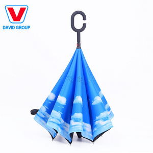 Custom Double Layer Inside Out C Shape Handle inverted Reverse Umbrella with logo prints