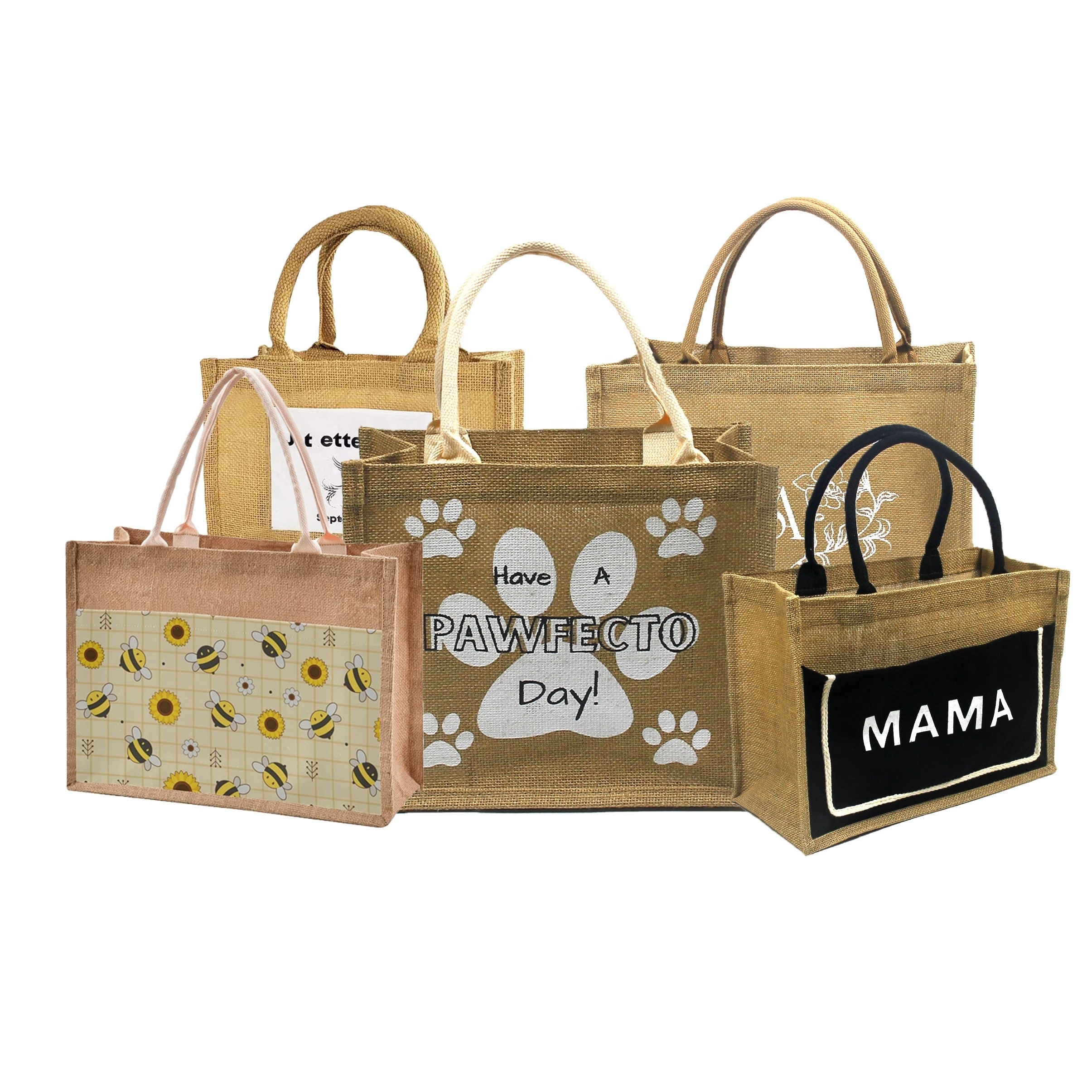 Eco Friendly Wholesale Large Solid Color Custom Printing Dog Paw Pattern Jute Tote Bags Burlap Bag With Logos