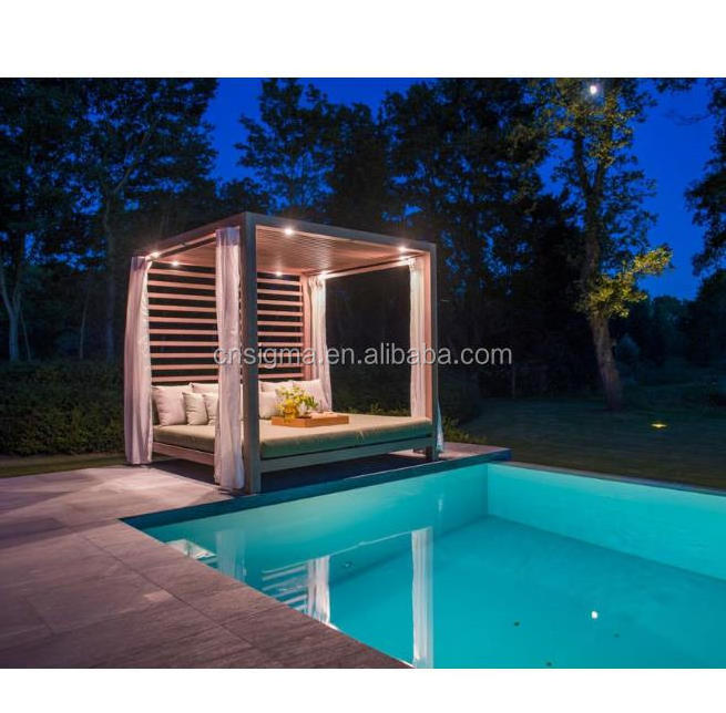 Outdoor hotel pool seats leisure teak wood cabana with chaise lounge